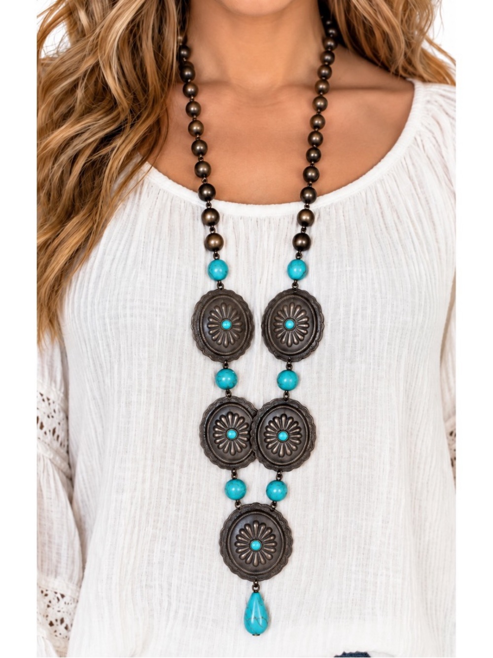 Pink Panche Long Turquoise & Bronze Western Boho Statement Necklace 🤎🩵